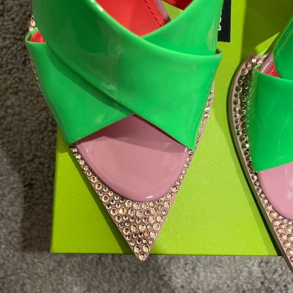 DOLCE & GABBANA Tapered-Heel Green Pink Leather Open-Crystal Toe Leather Sandals - Picture 4 of 15